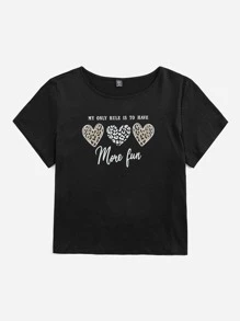 SHEIN LUNE 大碼愛心和標語圖案T恤 - 黑色 - 查看 5