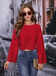 SHEIN Frenchy 激光切割荷叶边袖衬衫，长袖上衣 - 酒紅色 - 查看 2