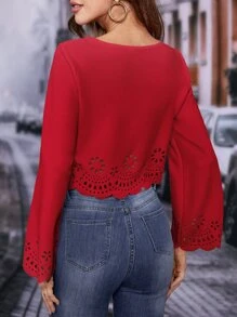 SHEIN Frenchy 激光切割荷叶边袖衬衫，长袖上衣 - 酒紅色 - 查看 3