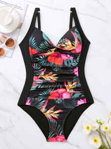 SHEIN Swim Tropical Print Push Up One Piece Swimsuit,Summer Beach - Multicolor - View 3
