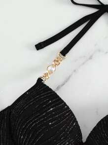 鏈條鏈接吊脖提臀比基尼泳裝上衣 - 黑色 - 查看 6