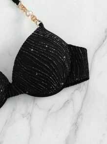 鏈條鏈接吊脖提臀比基尼泳裝上衣 - 黑色 - 查看 7