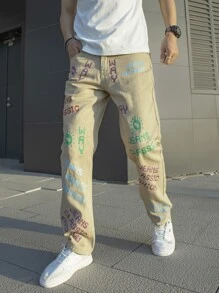 Manfinity Men Letter Graphic Straight Leg Jeans - Khaki - View 1