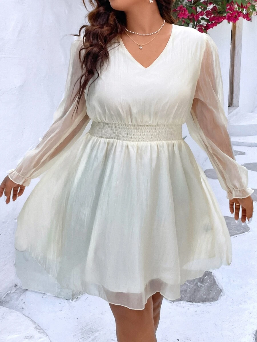 SHEIN Holidaya Vestido de manga farol de malla - Beis - Ver 1