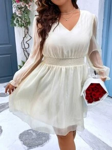 SHEIN Holidaya Vestido de manga farol de malla - Beis - Ver 3