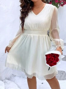 SHEIN Holidaya Vestido de manga farol de malla - Beis - Ver 5