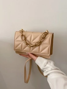 極輕，商務休閒迷你鏈條裝飾拼接時尚方形包，適合少女、女性、大學生、職場新人和白領人士，適合辦公室、學校、工作、商務、通勤、戶外、旅行和外出使用 - 卡其色 - 查看 1