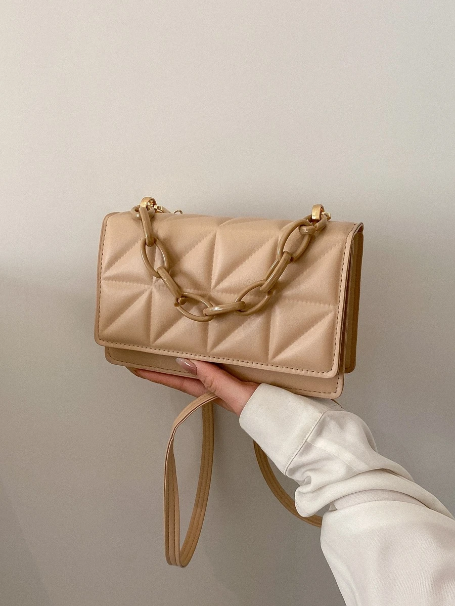 極輕，商務休閒迷你鏈條裝飾拼接時尚方形包，適合少女、女性、大學生、職場新人和白領人士，適合辦公室、學校、工作、商務、通勤、戶外、旅行和外出使用 - 卡其色 - 查看 1