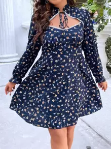 SHEIN Holidaya Plus Ditsy Floral Print Tie Neck Dress - Navy Blue - View 1