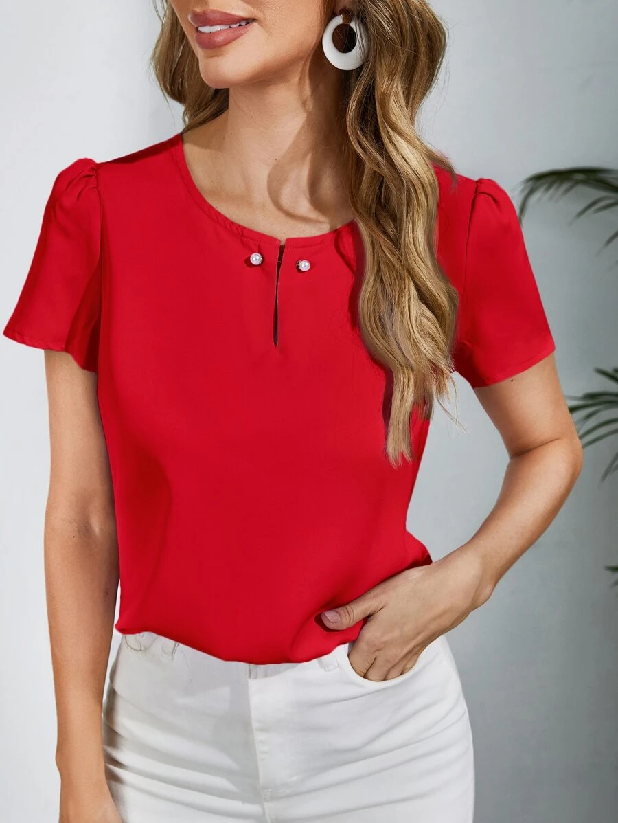 SHEIN Clasi Áo sơ mi nữ Ngọc trai màu trơn Giải trí - Đỏ - Xem 1