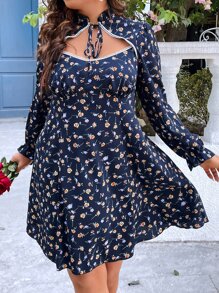 SHEIN Holidaya Plus Ditsy Floral Print Tie Neck Dress - Navy Blue - View 5