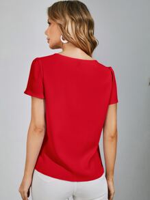 SHEIN Clasi Áo sơ mi nữ Ngọc trai màu trơn Giải trí - Đỏ - Xem 2