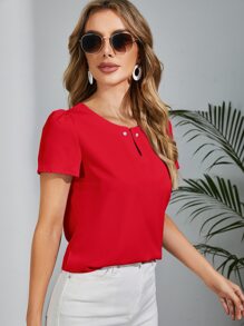 SHEIN Clasi Áo sơ mi nữ Ngọc trai màu trơn Giải trí - Đỏ - Xem 3