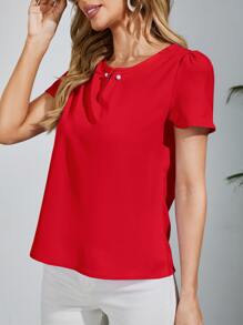 SHEIN Clasi Áo sơ mi nữ Ngọc trai màu trơn Giải trí - Đỏ - Xem 4