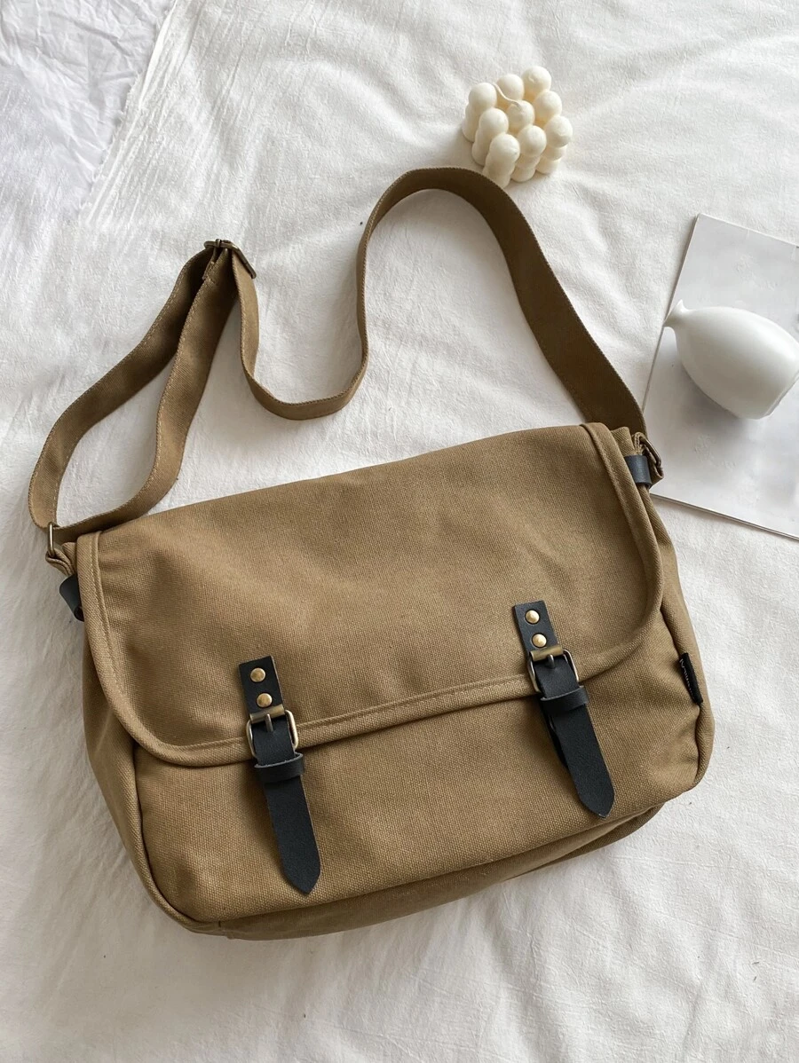 Hombres Bolso bandolera con solapa con decoración de hebilla, bolso escolar para viajes, universidad, bolso deportivo con bandolera escolar para estudiantes universitarios de secundaria para viajes a la escuela - Marrón - Ver 1