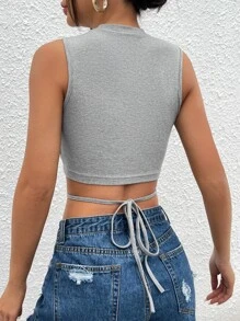 SHEIN PETITE 十字交叉下擺打結短款背心 - 淺灰色 - 查看 2