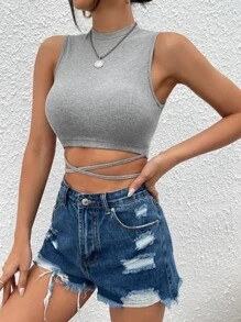 SHEIN PETITE 十字交叉下擺打結短款背心 - 淺灰色 - 查看 3