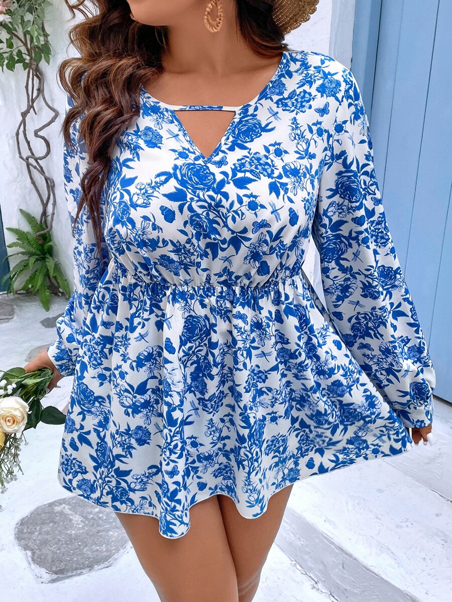 SHEIN Holidaya Áo sơ mi Plus Size Cắt ra Viên lá sen Hoa Tất cả trên in Boho - Xanh và trắng - Xem 1
