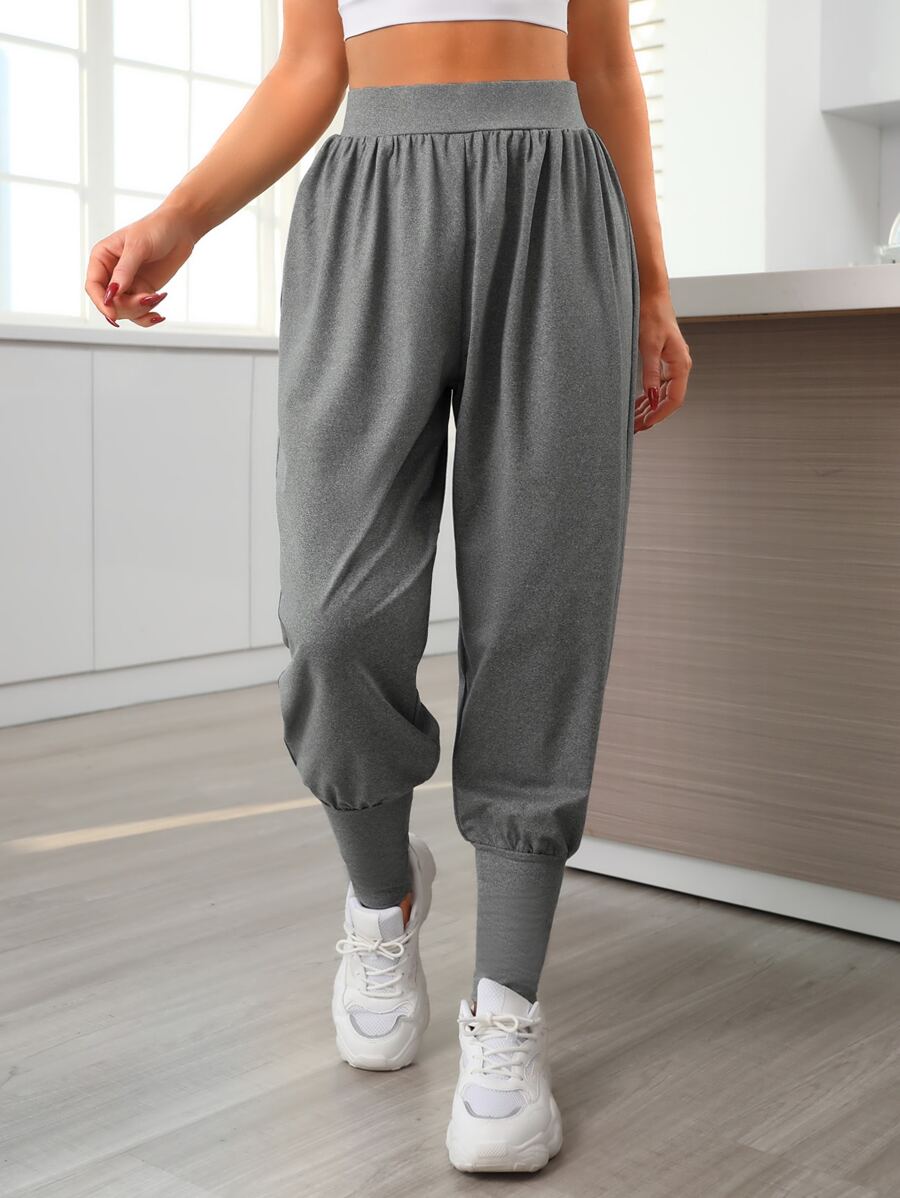 Solid Elastic Waist Sports Trousers - Grey - View 1