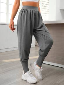 Solid Elastic Waist Sports Trousers - Grey - View 3