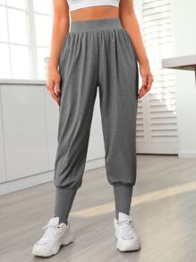 Solid Elastic Waist Sports Trousers - Grey - View 5
