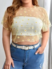 Dreamara Plus Daisy Print Sheer Top Without Bra - Yellow - View 3