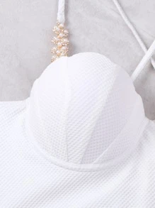 SHEIN Swim Textured Bikini Ba Lỗ Bộ Pha lê Sò điệp Áo yếm ôm sát ngực & Eo cao Đáy 2 mảnh Bộ đồ tắm - trắng - Xem 6
