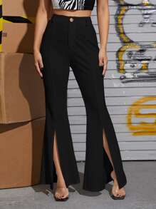 SHEIN Privé Zipper Fly Seam Split Front Flare Leg Pants - Black - View 5