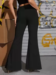 SHEIN Privé Zipper Fly Seam Split Front Flare Leg Pants - Black - View 2