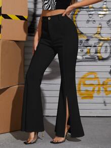 SHEIN Privé Zipper Fly Seam Split Front Flare Leg Pants - Black - View 1