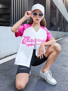 SHEIN Chicas Blusa con estampado de letra de manga raglán - Multicolor - Ver 1
