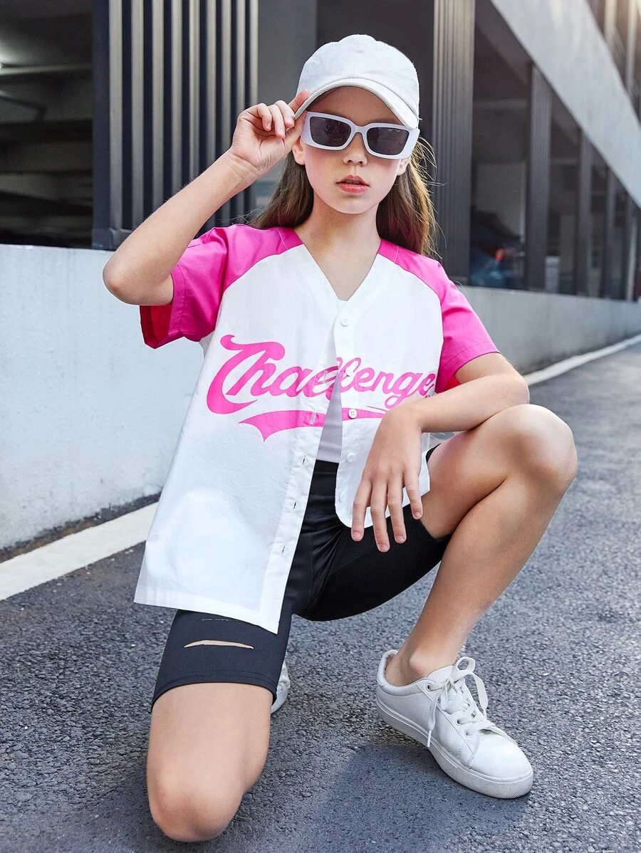 SHEIN Chicas Blusa con estampado de letra de manga raglán - Multicolor - Ver 1