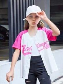 SHEIN Chicas Blusa con estampado de letra de manga raglán - Multicolor - Ver 3