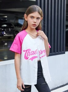 SHEIN Chicas Blusa con estampado de letra de manga raglán - Multicolor - Ver 4