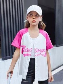 SHEIN Chicas Blusa con estampado de letra de manga raglán - Multicolor - Ver 6