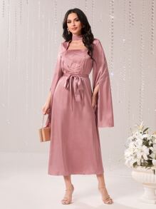 Modelyn Vestido con cinturón con diseño de diamante de imitación - Rosa - Ver 3