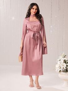 Modelyn Vestido con cinturón con diseño de diamante de imitación - Rosa - Ver 1