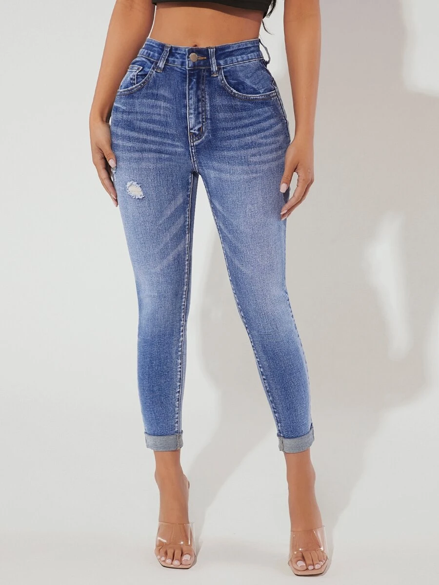 SHEIN PETITE Jeans ajustados desgarro - Azul lavado medio - Ver 1