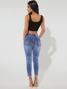 SHEIN PETITE Jeans ajustados desgarro - Azul lavado medio - Ver 2
