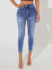 SHEIN PETITE Jeans ajustados desgarro - Azul lavado medio - Ver 3