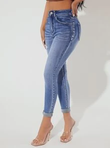 SHEIN PETITE Jeans ajustados desgarro - Azul lavado medio - Ver 4