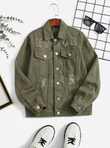 SHEIN 男孩翻蓋口袋破洞牛仔夾克