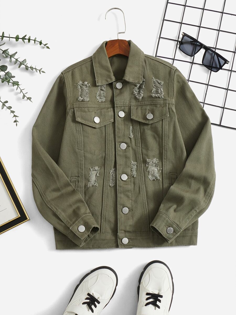 SHEIN 男孩翻蓋口袋破洞牛仔夾克