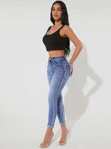 SHEIN PETITE Jeans ajustados desgarro - Azul lavado medio - Ver 5