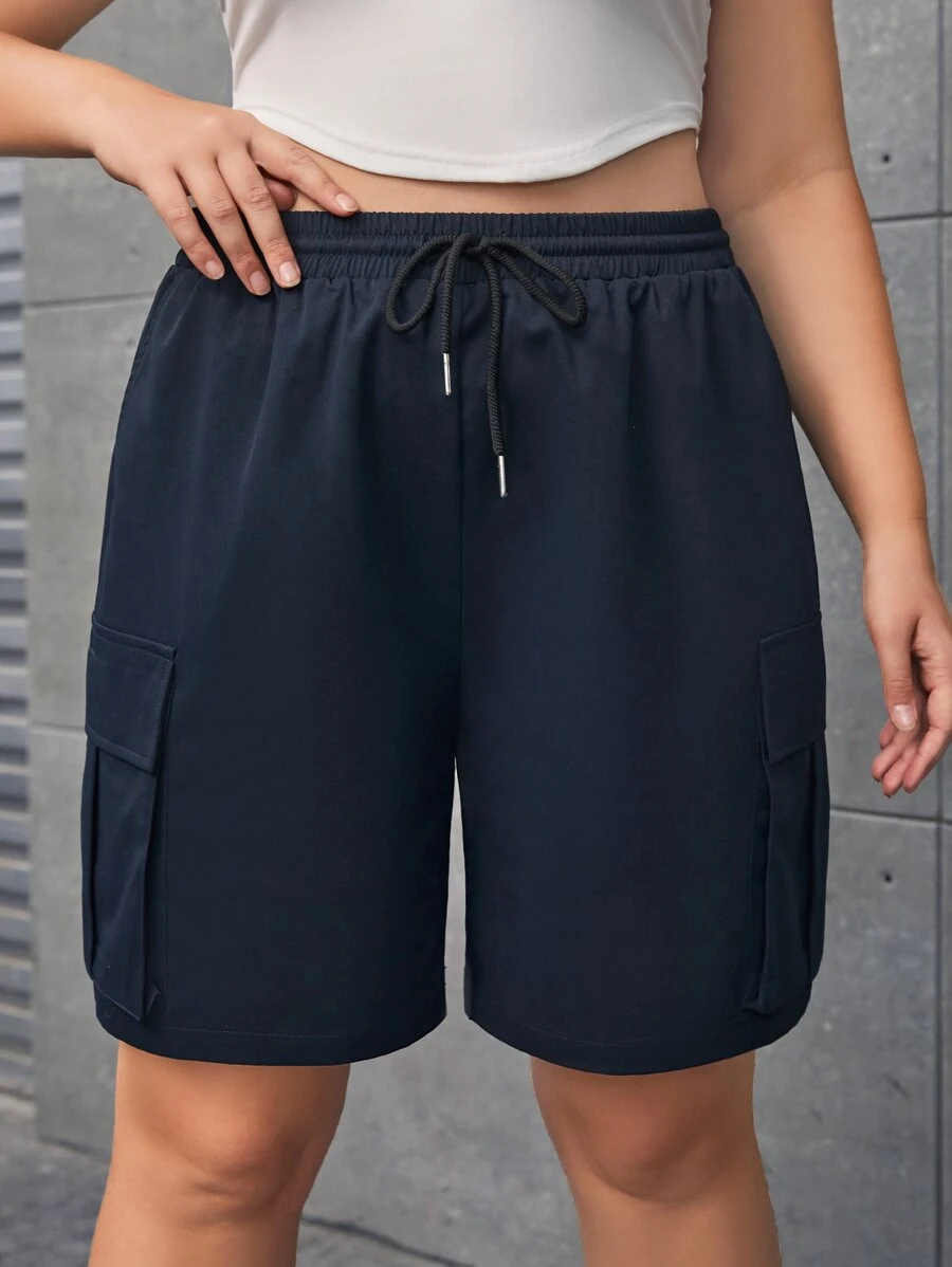 SHEIN EZwear Plus Flap Pocket Drawstring Waist Shorts - Navy Blue - View 1