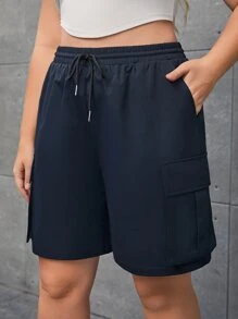 SHEIN EZwear Plus Flap Pocket Drawstring Waist Shorts - Navy Blue - View 4