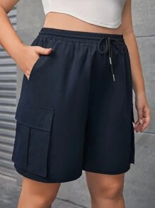 SHEIN EZwear Plus Flap Pocket Drawstring Waist Shorts - Navy Blue - View 5