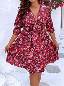 Breezaya Plus Floral Print Cut Out Knot Front Flounce Sleeve Dress - Multicolor - View 5