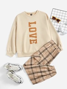 SHEIN EZwear Sudadera con estampado de letra de hombros caídos & Pantalones de cuadros con bolsillo lateral - Multicolor - Ver 1