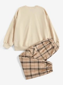 SHEIN EZwear Sudadera con estampado de letra de hombros caídos & Pantalones de cuadros con bolsillo lateral - Multicolor - Ver 2